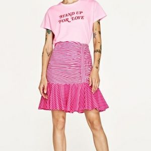 ZARA Pink White Ruched Ruffle Skirt Size Small
